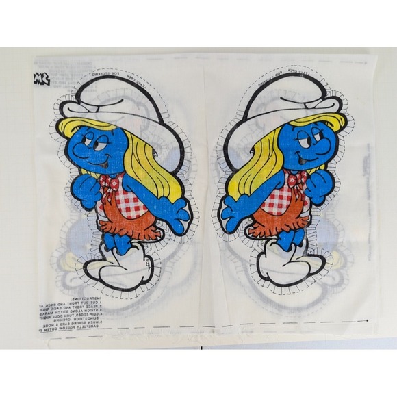 Vtg 1982 Smurf & Smurfette Western Cowboy Cut Sew Fabric Panel Pillow Doll Uncut - Picture 4 of 10